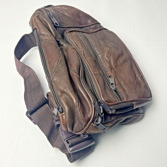 Vintage Italian Leather Oversized‎ Fanny Pack Bag 6 Pockets Adjustable Brown - Picture 4 of 7